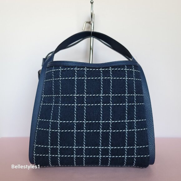 KATE SPADE Knott MEDIUM Denim Check & Leather Crossbody Tote- Indigo Multi⭐ - Picture 7 of 16